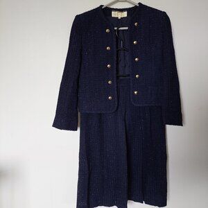 Belle House Japan Navy Blue Tweed Gold Button Skirt Suit, Size Us 4 Japan 9